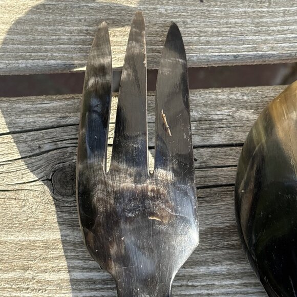 Vintage Hand Carved Horn Spoons Fork Lot of 3 Large Ladle Bovine Horn Canada - Picture 9 of 13